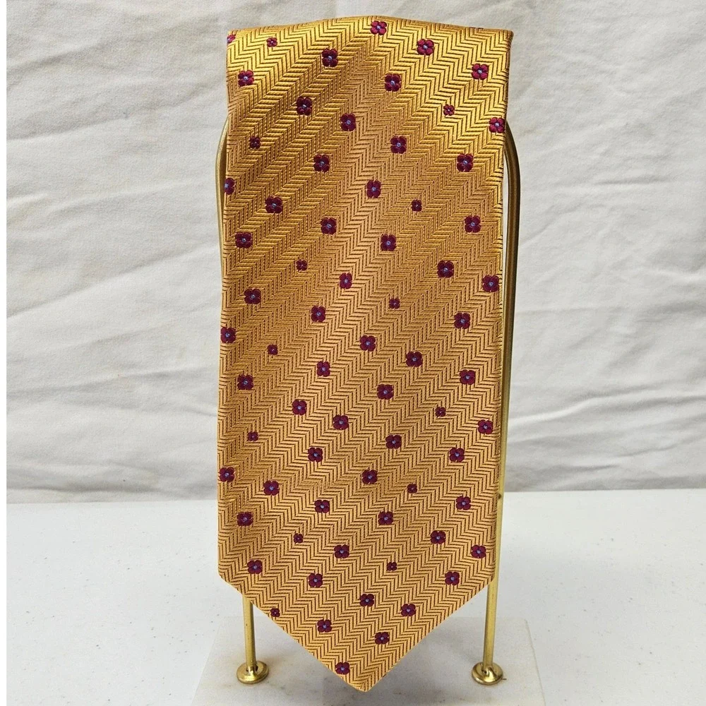 Holland & Sherry Necktie Mens OS Gold Herringbone‎ Floral Silk Hand Made USA